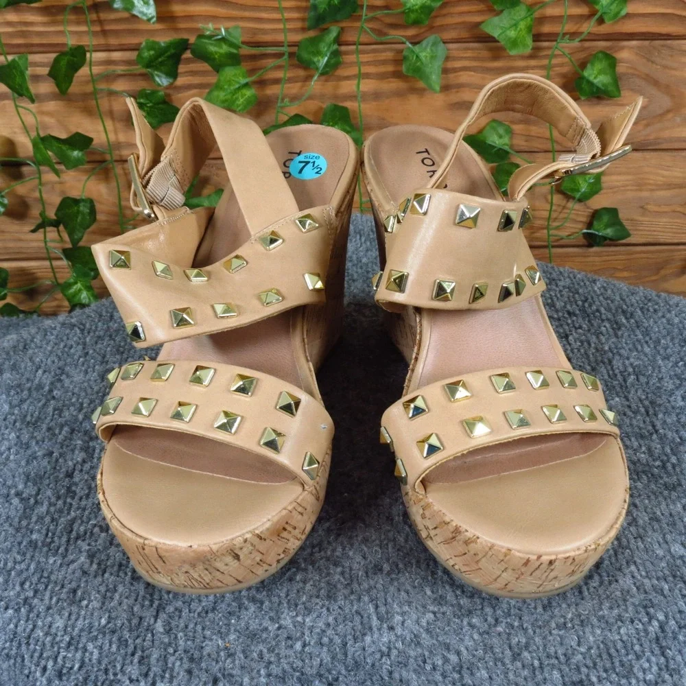 Torrid‎ Women 7.5 WW Extra Wide Tan Studded Platform Cork Wedge Heels Sandals